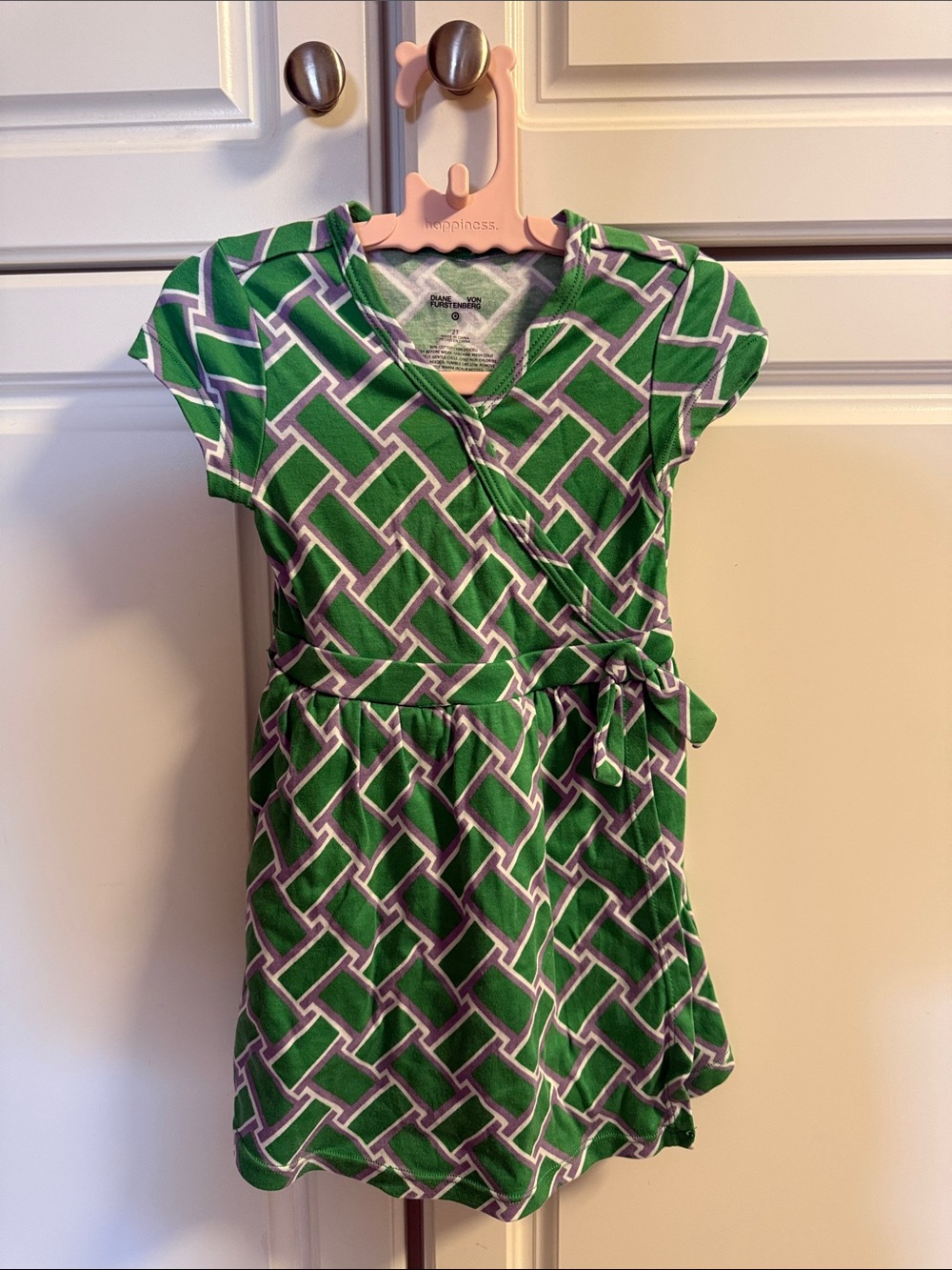 Diane Von Furstenberg Green and White Geometric Faux-Wrap Kids Dress
